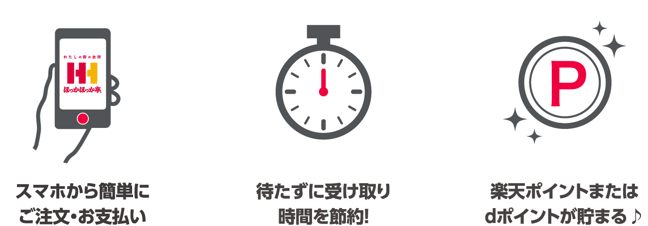 スマホから簡単にご注文・お支払い。待たずに受け取り時間を節約！楽天ポイントまたはdポイントが貯まる♪